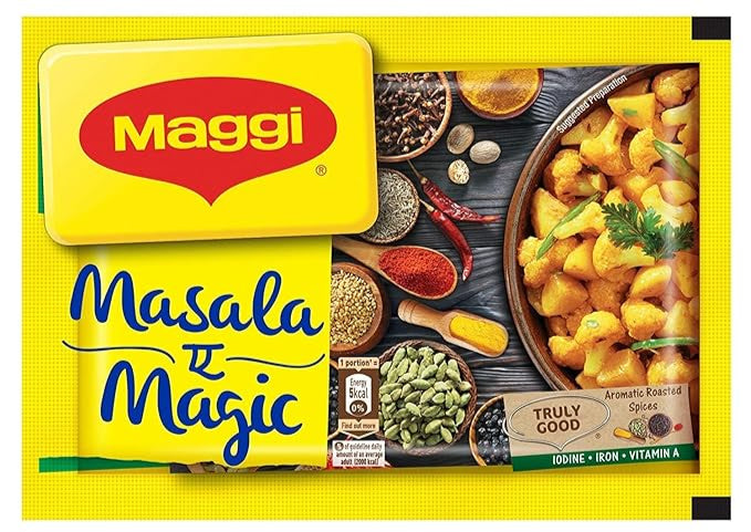 Maggi Masala Magic packaging with ingredients and food on a yellow background