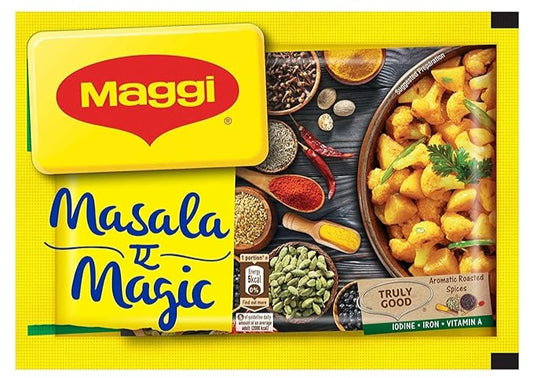 Maggi Masala Magic packaging with ingredients and food on a yellow background